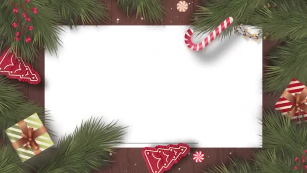 スプルース ギフト おもちゃの列車とクリスマスと新年の挨拶カード テキスト シームレスなループ 3Dのための空白スペース — ストック動画