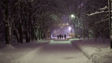 Güzel bir ara sokak gecesinde kar yağarken fenerlerin ışığında park et.
