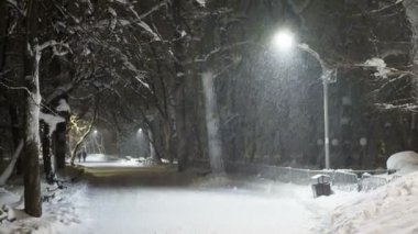 Güzel bir ara sokak gecesinde kar yağarken fenerlerin ışığında park et.
