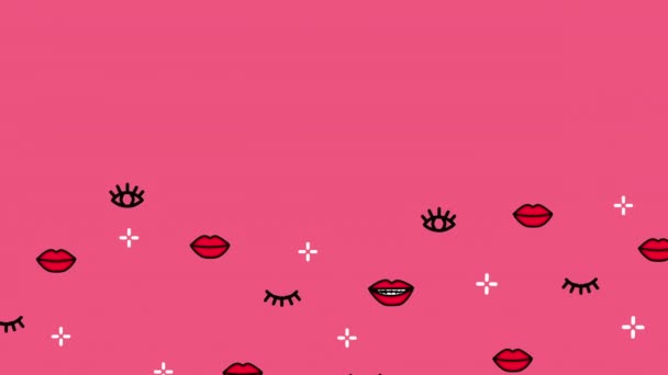 Tendencia plana fondo de dibujos animados de color rosa. Los labios y los ojos forman la animación. Con bucle. — Vídeo de stock