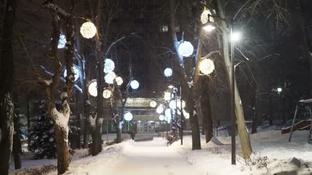 Stadtboulevard Dekoriert Mit Neujahrs Und Weihnachtsbeleuchtung Schneefall — Stockvideo
