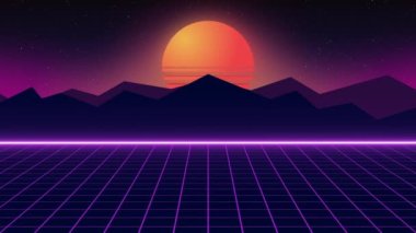80 'lerin geçmişe dönük fütüristik bilim kurgu kusursuz döngüsü. Neon ışıkları ve düşük polyester arazili VJ video oyunu manzarası. Biçimlendirilmiş 3 boyutlu canlandırma arkaplanı.