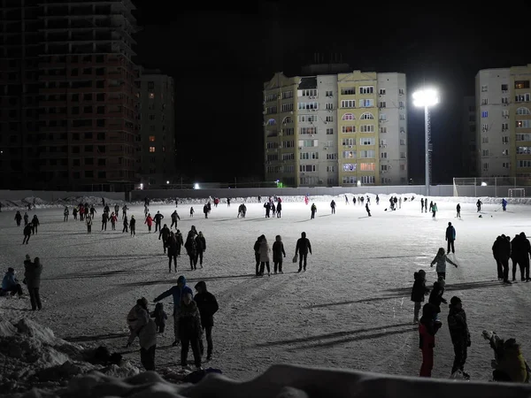 Many People Skate Big Rink Winter Night — Stock Fotó