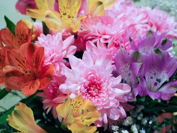 Close-up of a beautiful bouquet of assorted flowers of gerbera, hydrangea, rose, alstroemeria. floral background
