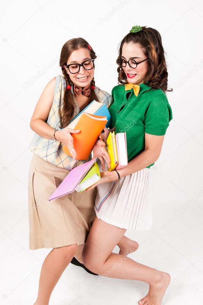 Cute nerdy girls bump into each other.