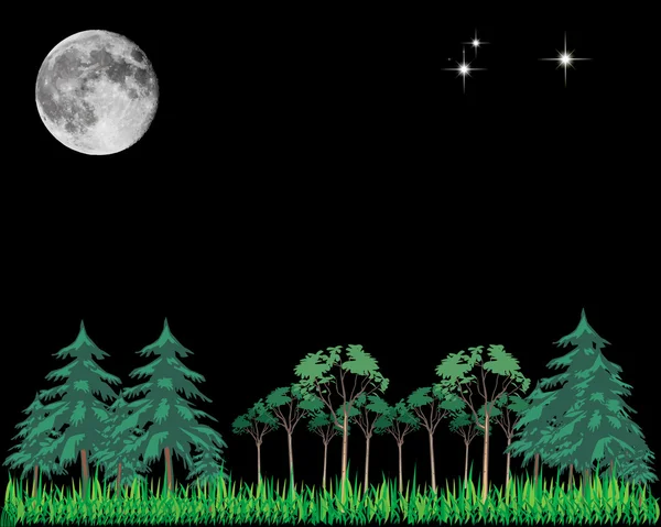Estrellas de la luna y árboles — Archivo Imágenes Vectoriales