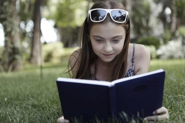 Kız çimlerin üzerine kitap okur