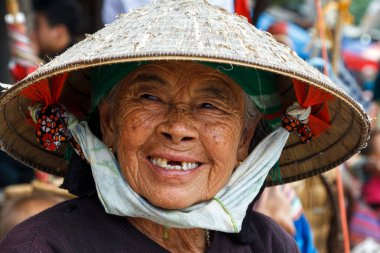 Bac Ha, Vietnam - 14 Ekim 2012: Vietnam 'ın kuzeyindeki Bac Ha pazarını ziyaret eden aşiret pazarının yaşlı bayanı