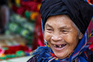 Bac Ha, Vietnam - 14 Ekim 2012: Vietnam 'ın kuzeyindeki Bac Ha pazarını ziyaret eden aşiret pazarının yaşlı bayanı