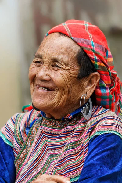 Bac Ha, Vietnam - 14 Ekim 2012: Vietnam 'ın kuzeyindeki Bac Ha pazarını ziyaret eden aşiret pazarının yaşlı bayanı