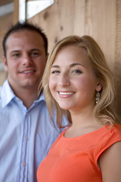 Happy woman with her fiancee by her side. — Stock Photo, Image