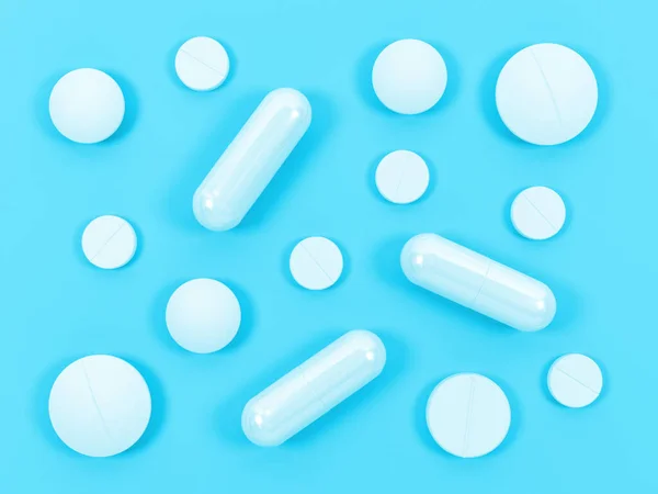 Pastillas Aisladas Sobre Fondo Azul Tema Farmacia Tabletas Farmacéuticas Ilustración — Foto de Stock