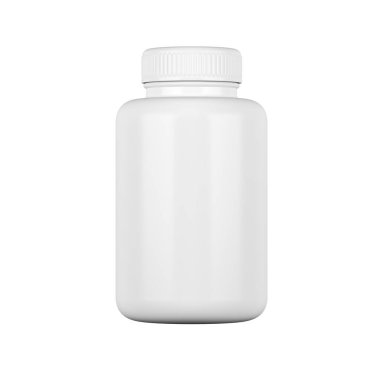Beyaz arka planda izole edilmiş beyaz plastik ilaç şişesi. İlave Paketleme. İlaçlar. 3d illüstrasyon.