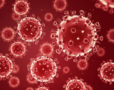 Influenza virus. Red background. 3d illustration. Flu virus.