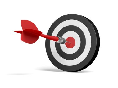 Dart ve dart tahtası beyaz arka planda izole edilmiş. Ok at. 3d illüstrasyon.