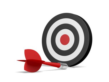 Dart ve dart tahtası beyaz arka planda izole edilmiş. Red Dart hedefi ıskaladı. Başarısızlık konsepti. Fırsatı kaçırdım. 3d illüstrasyon.