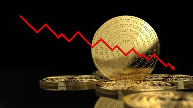 Kripto para birimi çökmesi. Kırmızı grafik. Fiyat düşüyor. Çökmek. 3d illüstrasyon.