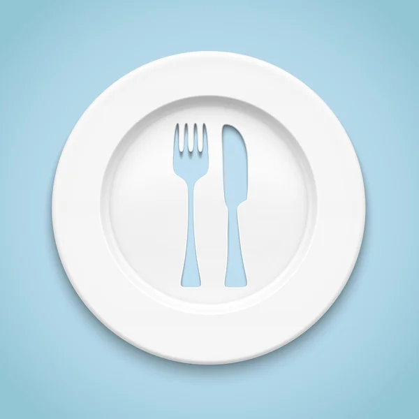 White plate with fork and knife cut. — Stock Vector
