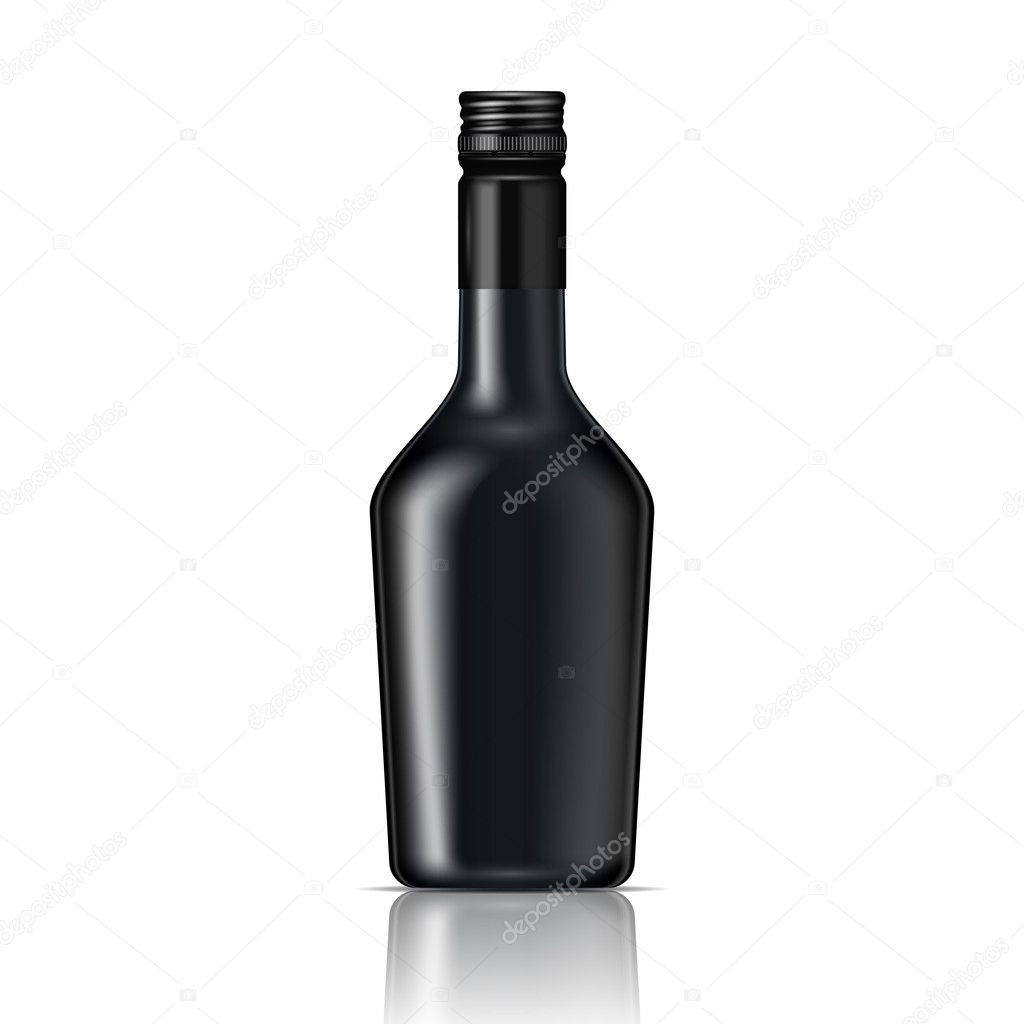 Black glass liqueur bottle with screw cap.