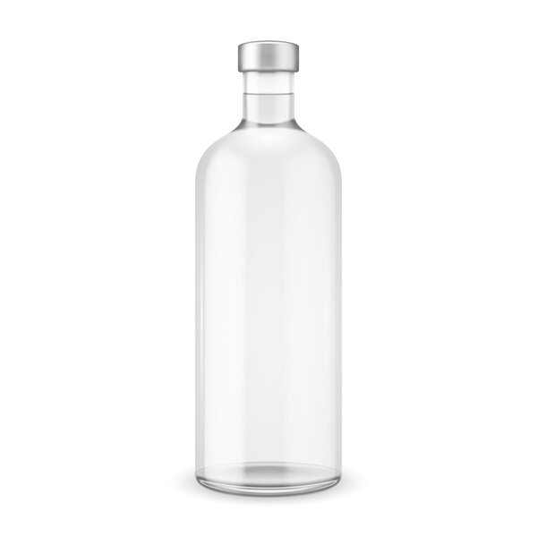 Glass vodka bottle with silver cap.