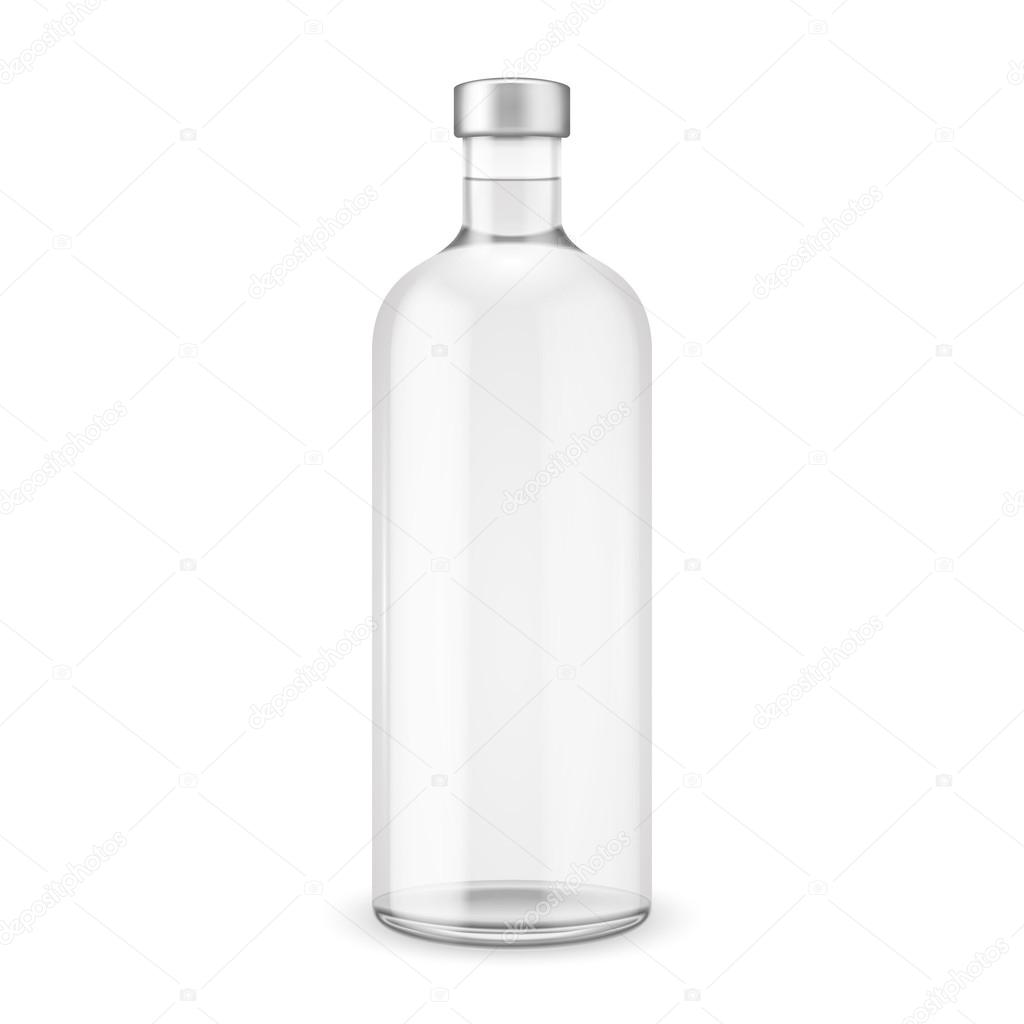 Glass vodka bottle with silver cap.