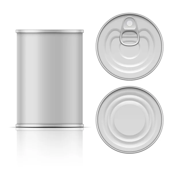 Tin can with ring pull: side, top and bottom view — Stock Vector