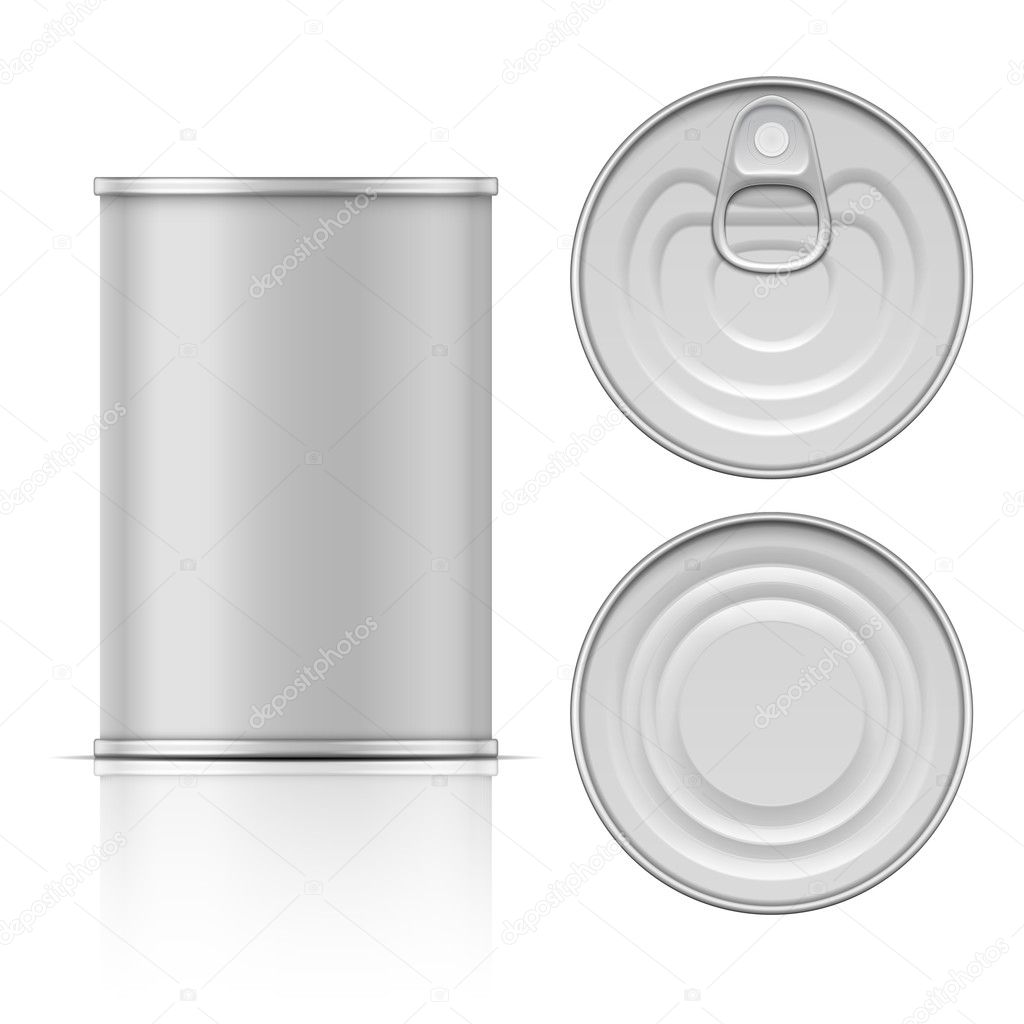 Tin can with ring pull: side, top and bottom view