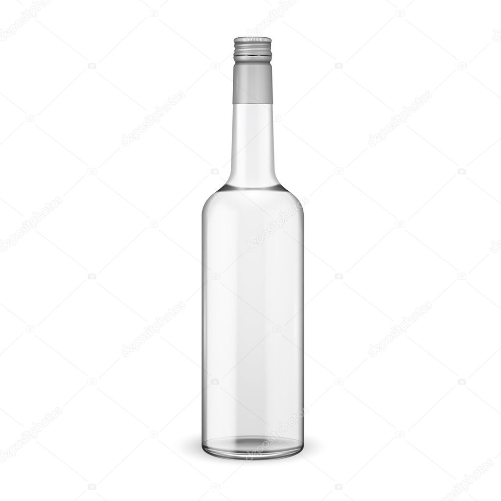 Glass vodka bottle with screw cap.