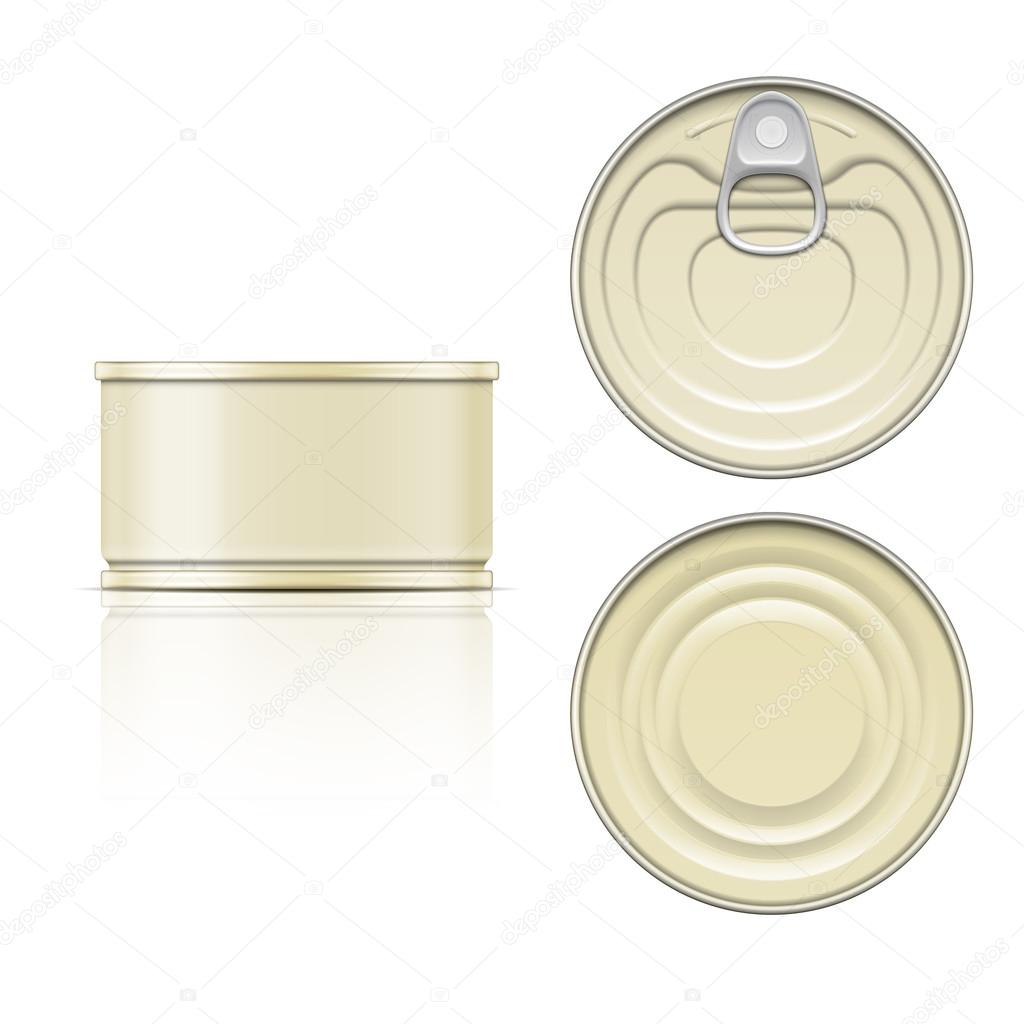 Tin can with ring pull: side, top and bottom view