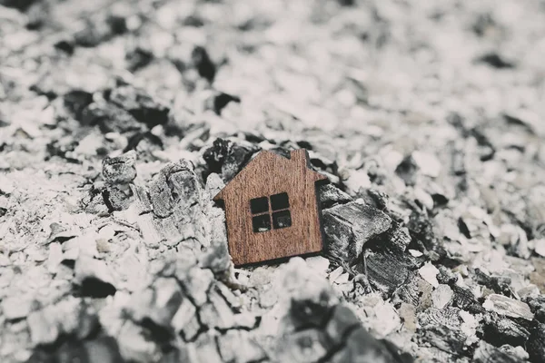 Tiny Wooden House Ash Home Fire Concept Soft Focus — Stock Photo, Image