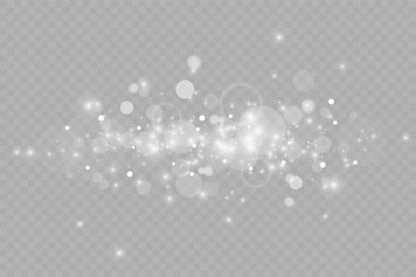 Şeffaf bir arkaplanda vektör parıldıyor. Toz kıvılcımları ve altın yıldızlar özel ışıkla parlıyor. Noel ışığı etkisi. Parlak sihirli toz parçacıkları.