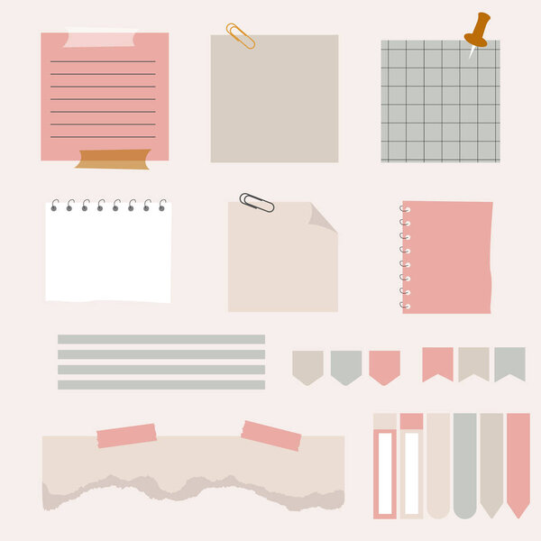 Paper sticky notes with elements planning set. Blank notes memo messages. Notebook collection with curled corners, push pins. Various linear tag business office, writing reminds. Isolated vector