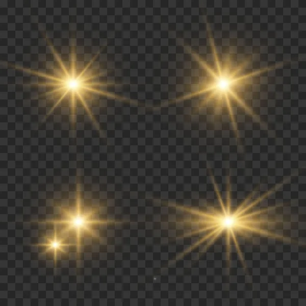 透明な背景に点滅 ライト スパークルのセット 明るいゴールドの点滅とグレア 抽象的な黄金の光は明るい光の光線を孤立させた 輝ける線 ベクトルイラストEps — ストックベクタ