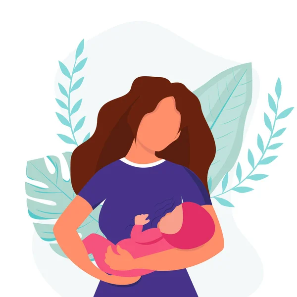 Breastfeeding Concept Woman Feeding Baby Breast Leaves Background Vector Illustration Stock Illustration
