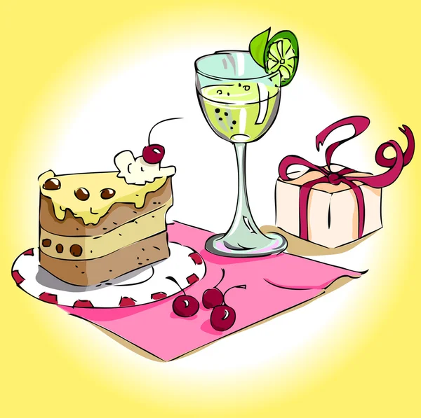 Still life with a glass, cake and gift — Stock Vector