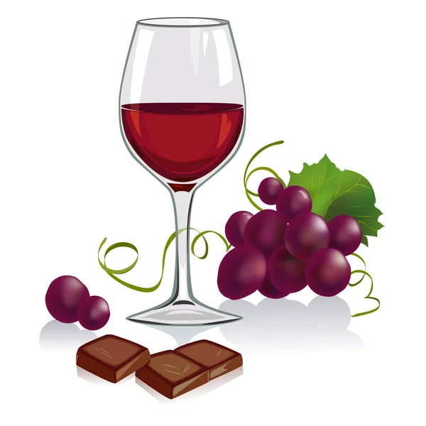 Naturaleza muerta con una copa de vino, uvas y chocolate — Vector de stock