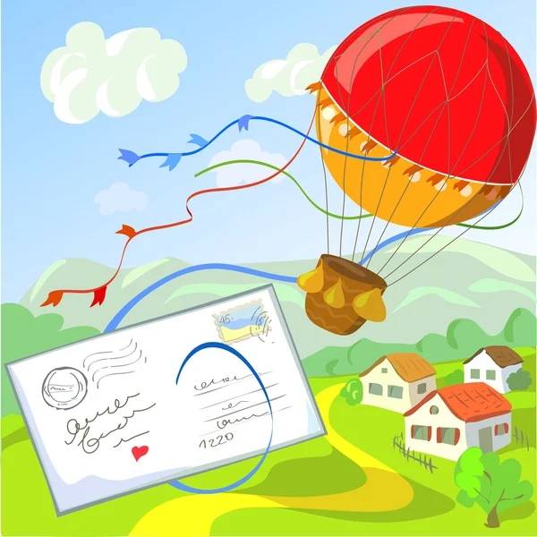 Carta y el globo contra el paisaje rural — Vector de stock