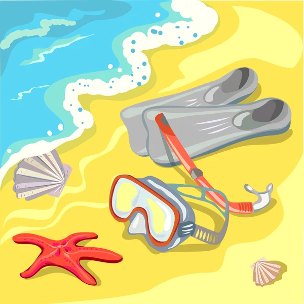 Spiaggia con maschera, boccaglio e pinne — Vettoriale Stock