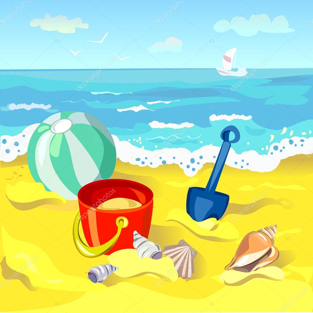 Children's toys on the beach — Stock Vector © moremari19 25967815