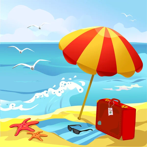 Spiaggia con ombrellone e valigia — Vettoriale Stock