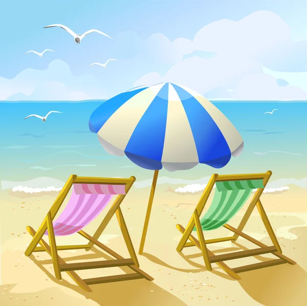 Beach with sun umbrella and two lounge chairs — Stock Vector