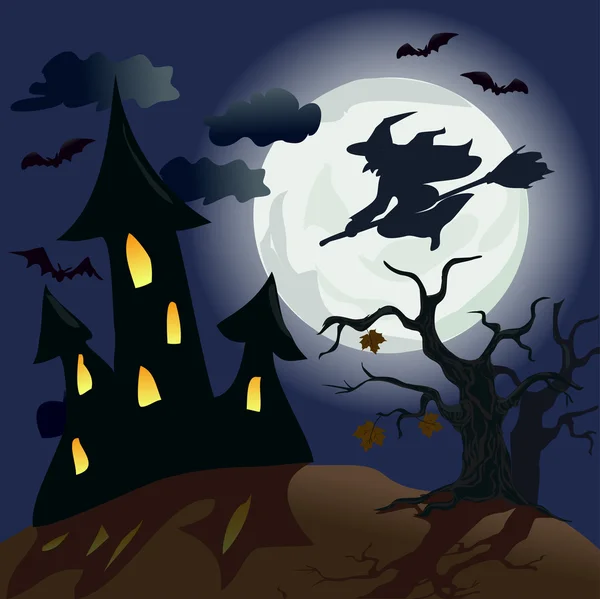 Paisagem lunar com bruxa. Halloween. — Vetor de Stock