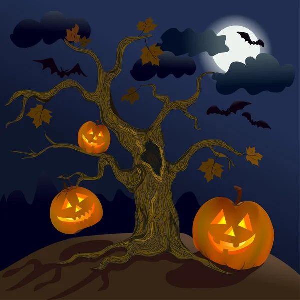 Halloween. Dovleci sub copac — Vector de stoc