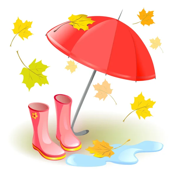 Deštník, gumové holínky, podzimní listí — Stock vektor