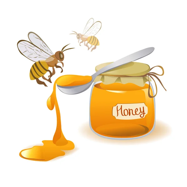 Cuchara de miel y abejas sobre un fondo blanco — Vector de stock