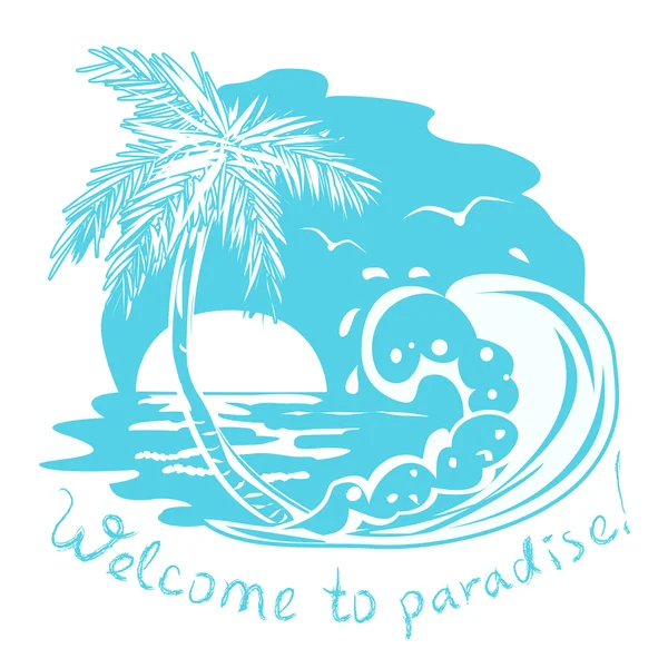 Icona con il mare e palme. illustrazione monocromatica — Vettoriale Stock