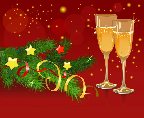 Weihnachten Stillleben mit Champagner auf rotem Hintergrund — Stockvektor