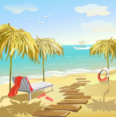şemsiye ve kanepeler ile deniz manzarası