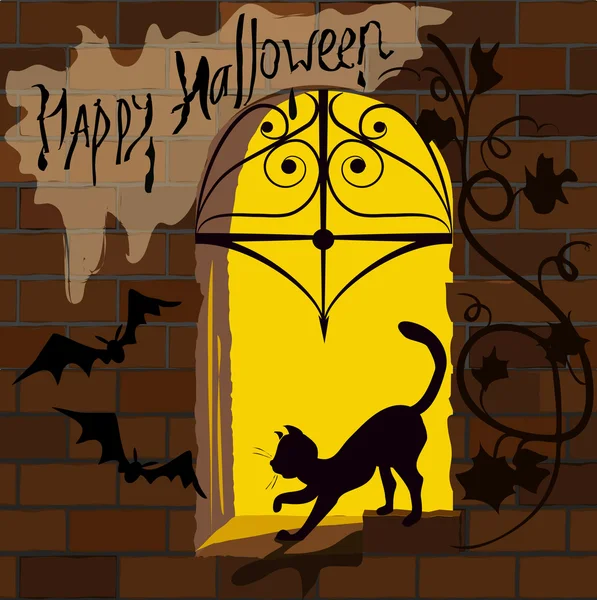 Macska az ablak, Halloween — Stock Vector