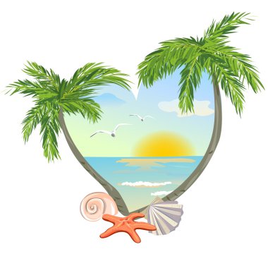 plaj ve kabukları ile bir kalp şeklinde simgesi